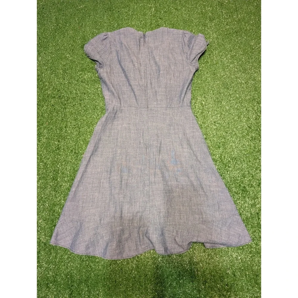 J.Crew Chambray Dress V-Neck‎ Tie Sleeve Ruffle Hem Casual Blue Size 0 (Read)